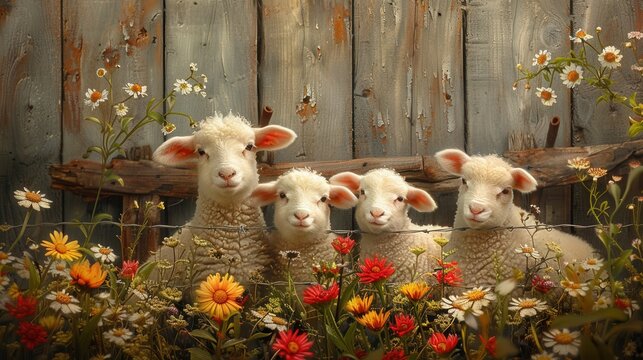 Newborn lambs frolicking in a spring barnyard with blooming flowers and a rustic wooden fence