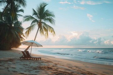 Relaxing Beach Scene With Two Chairs And Umbrella Under Palm Tree
