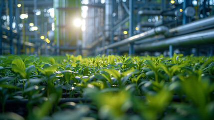 Naklejka premium A field of green plants is shown in a greenhouse