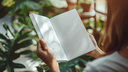 A woman is holding a blank notebook open to a page