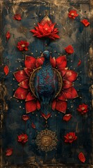 Vibrant Artistic Bird with Red Lotus Flowers on Textured Background - Ornate and Decorative Art Piece