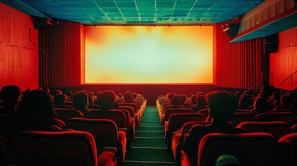 Fototapeta premium Cozy Movie Theater with Red Seats and Large Screen Showing a Film in a Darkened Room