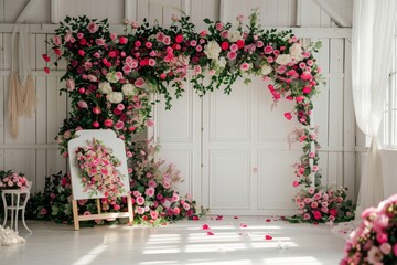 Fototapeta premium This antique interior features white walls and a modern design. There is a sofa and flowers in the background and a vintage background behind it.