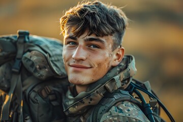 Obraz premium Young Soldier Smiling in Military Gear