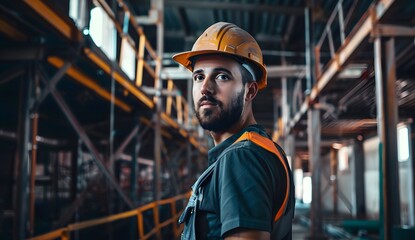 Portrait of an industrial worker wearing overalls and helmet, standing in the interior space of a construction site. 