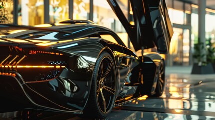 Obraz premium Sleek Black Sports Car with Open Gullwing Doors in a Modern Showroom with Reflective Floor