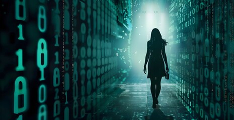 Woman silhouette walking in the center of an endless wall with binary code and digital padlock symbols, symbolizing the concept of cyber security against a digital technology background.