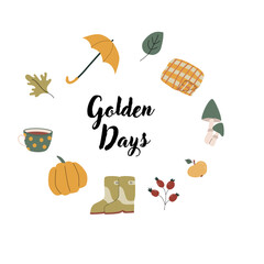 Autumn fall card template with seasonal leaves and items. Celebration design with childrens forest animal and harvest elements.