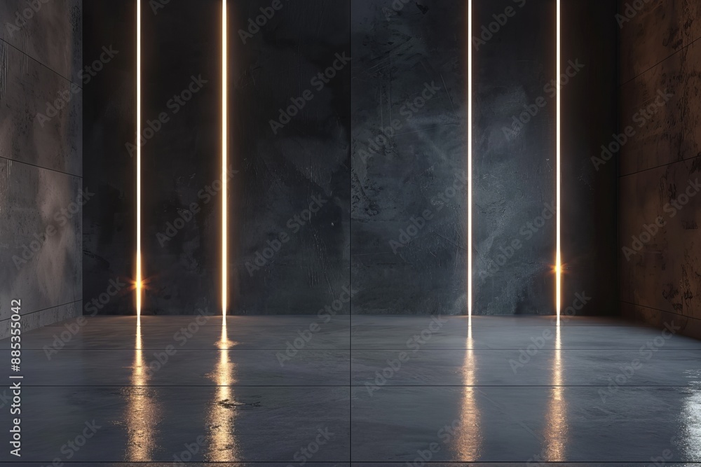 Poster a stylish black room with led lights on the walls has a black partition with copyspace in the middle