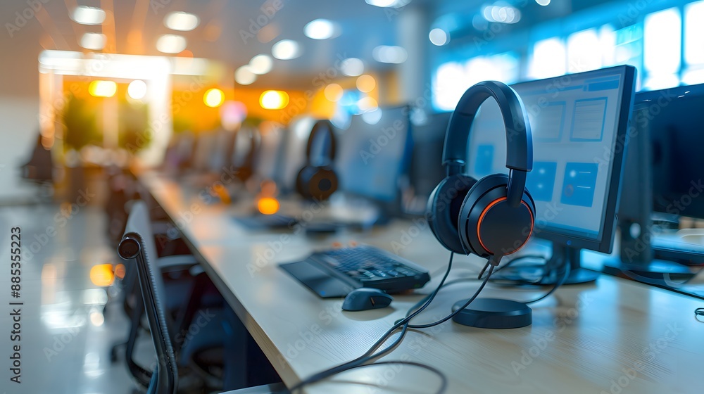 Poster modern call center with headsets and computers in a row