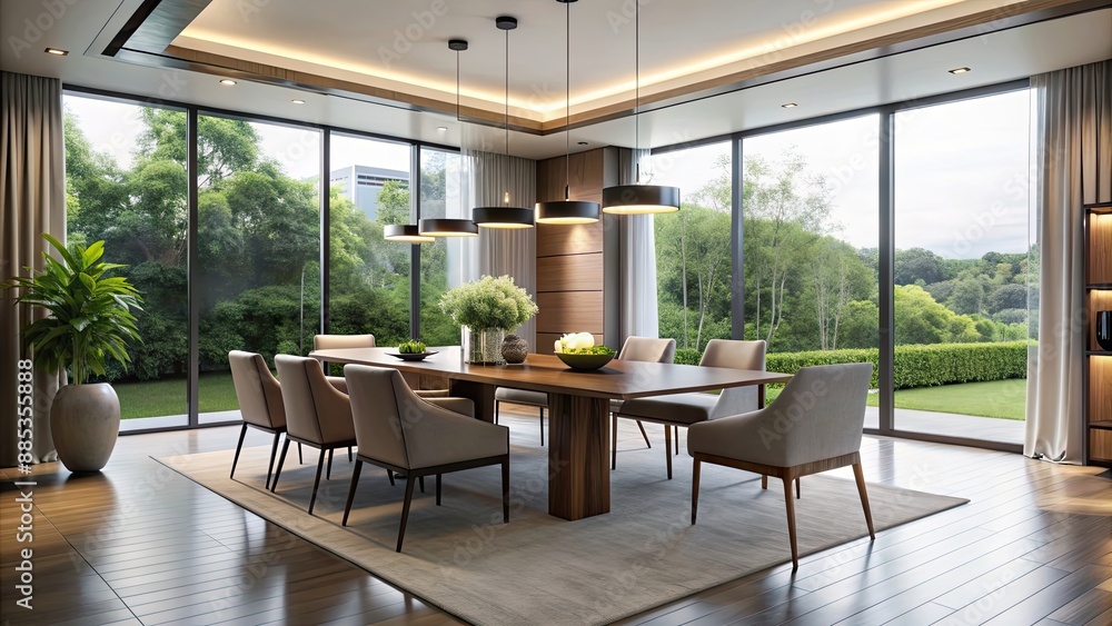 Sticker Sleek modern dining room with minimalist furniture and natural lighting, creating an elegant atmosphere, modern