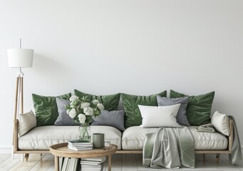 An empty white wall background with a sofa, pillows, lamp, books, and vase of flowers in the living room. 3D rendering.