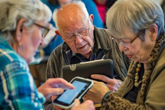 A group of elderly individuals engaged in a technology workshop, practicing with tablets and other devices under the guidance of a patient instructor, fostering digital literacy