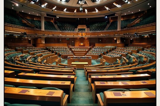 Modern Legislative Assembly Hall with Wooden Desks and Green Seating in a Circular Layout