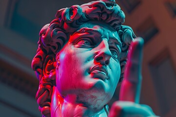 Neon-Lit Close-Up of Classical Marble Statue