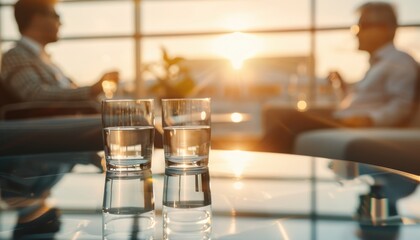 A private discussion between two business partners planning their next big move in a quiet, luxurious lounge