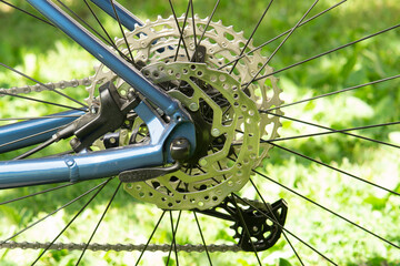 Obraz premium rear bicycle wheel with modern mountain bike disk brake system, casette and derailleur