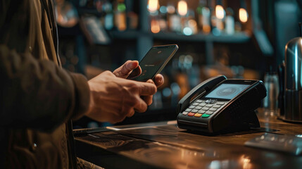 Man Using Mobile Payment at Restaurant or Bar Terminal