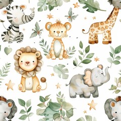 Obraz premium White Safari Animals Watercolor Baby Nursery Seamless Pattern