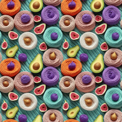  Seamless pattern about yarn summer vegetables, fruits, garden herbs, and flowers in a summer vibe color setting, fibric or background 