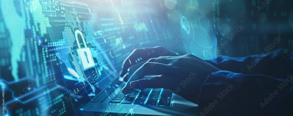 Poster a businessman protecting financial and business data with a laptop computer and virtual network. a n