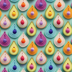 Seamless pattern about yarn summer vegetables, fruits, garden herbs, and flowers in a summer vibe color setting, fibric or background 