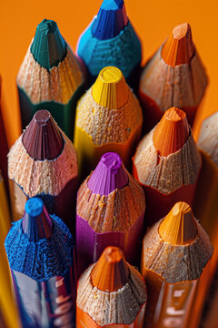 Top view of a colorful minimalist jar with colored pencils, copy space and orange background