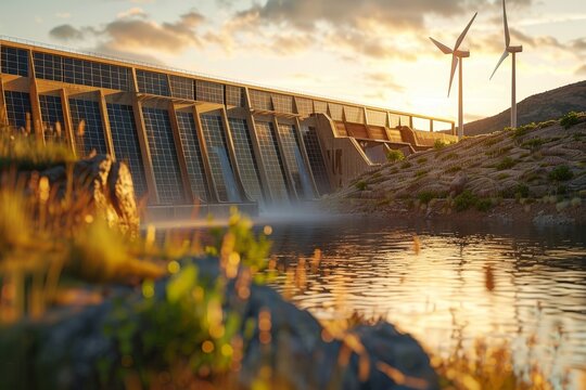 Power from solar panels, dams, and wind turbines. Renewable energy concept that is environmentally friendly.