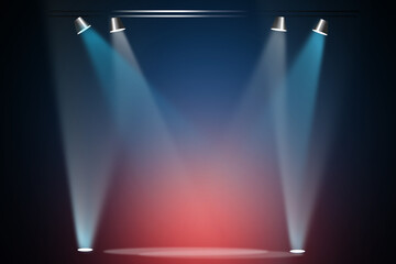 The concert stage theater with flood lights and abstract empty floor showcase spotlights on stage background.
