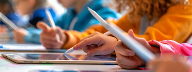 Close-up cut shot of a focused Asian ethnicity elementary schoolboy using his tablet device in class with a group of schoolchildren. Concept of modern education and technology.