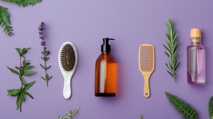 Hair loss issue with medication bottles hairbrush and herb on purple backdrop