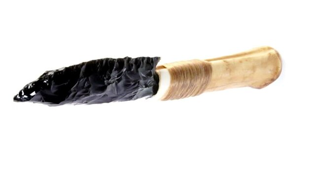 Stone Age Knife with obsidian Blade - Turn around
