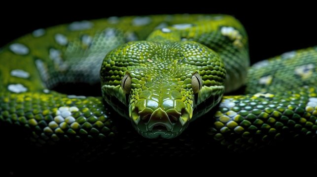 Green Tree Python against black background