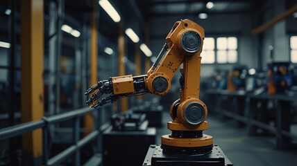 mechanical arm or arm robot is working in an automated factory.