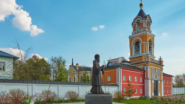 Monument to Metropolitan Moscow Platon Levshin - founder of Wifean seminary. Gate bell tower at Savior-Vifan Monastery, Sergiev Posad, Russia. Translation of focus.