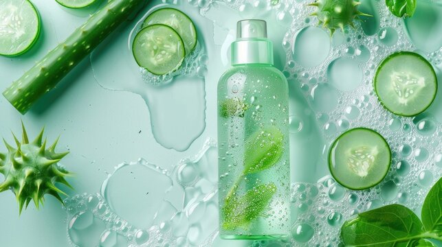 Green cica or aloe makeup remover with transparent beauty texture and hyaluronic moisturizer in bubbly background