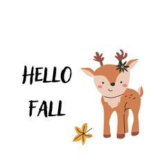 Autumn fall card template with seasonal leaves and items. Celebration design with childrens forest animal and harvest elements.