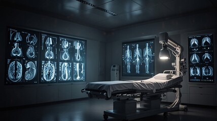 medical technology room There is a red screen showing the patient's x-ray results. For doctors in planning hospital treatment.