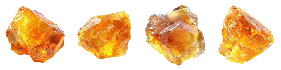Close-up of four beautiful raw amber stones on a white background, showcasing their natural golden hues and intricate textures.