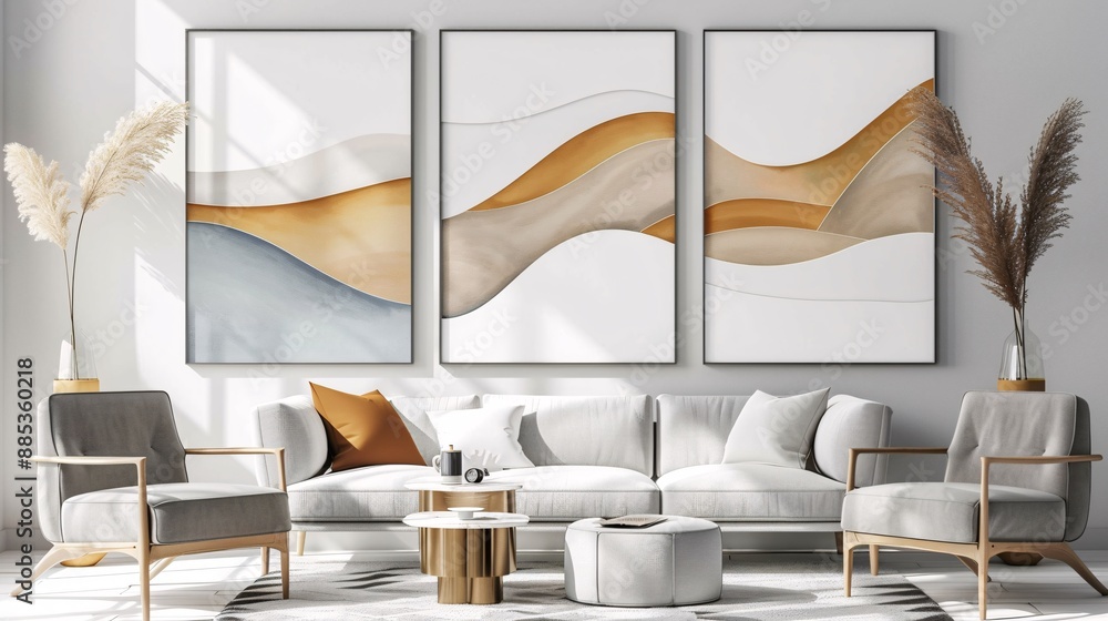 Poster a set of three modern abstract posters with a continuous, flowing minimalistic design on a white bac