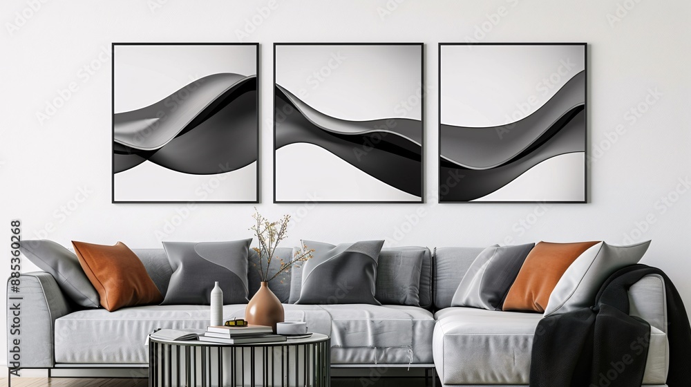 Poster three modern abstract art posters featuring a continuous flow of minimalistic design on a white back