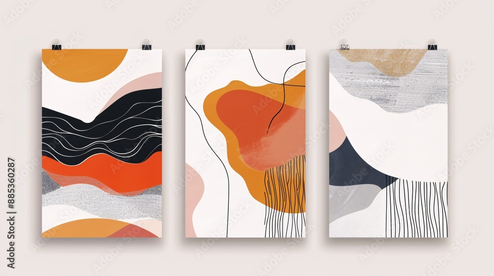 Poster a set of three contemporary abstract art posters featuring a continuous minimalistic pattern, elegan