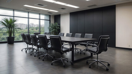 Nobody in the modern and elegant empty company office interior with black chairs and mat black metal table sitting on a shiny gray floor with tropical plants, seminar conference meeting boardroom