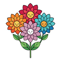 flat design colorful flowers with green stems and leaves