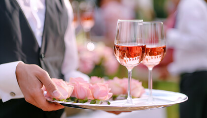 Obraz premium catering or celebration concept. Waiter holding a tray with glasses of vine at party