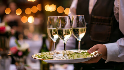 Obraz premium catering or celebration concept. Waiter holding a tray with glasses of vine at party