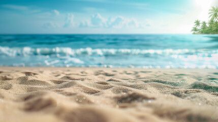Fototapeta premium Imaginatively staged sandy beach with palm trees. Landscape has tropical character, such as in Caribbean. Background is slightly softened