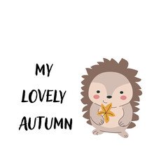 Autumn fall card template with seasonal leaves and items. Celebration design with childrens forest animal and harvest elements.