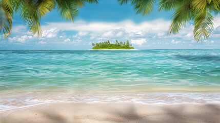 Imaginatively staged sandy beach with palm trees. Landscape has tropical character, such as in Caribbean