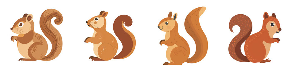Cute cartoon squirrel illustrations set with different poses and colors. Perfect for children's books, educational materials, and design projects. © Purichaya